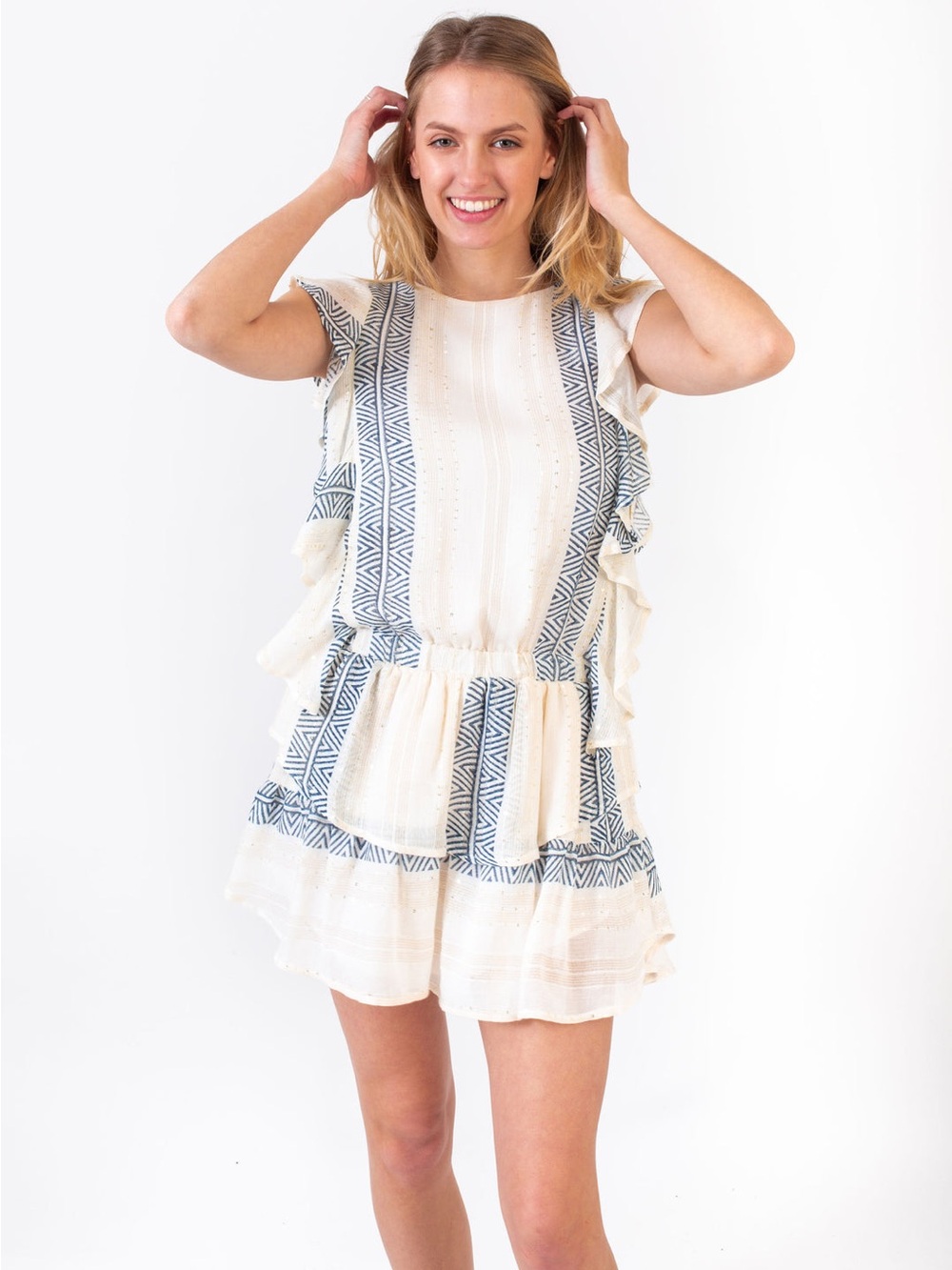 KOCH Madison Dress in Blue Island Shimmer, a white mini dress featuring blue
